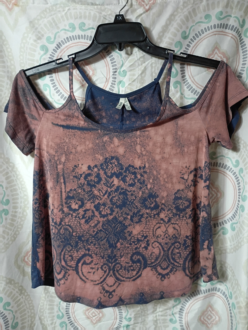 Mudd Rose Brown and Navy Lace-Print Cold Shoulder Top